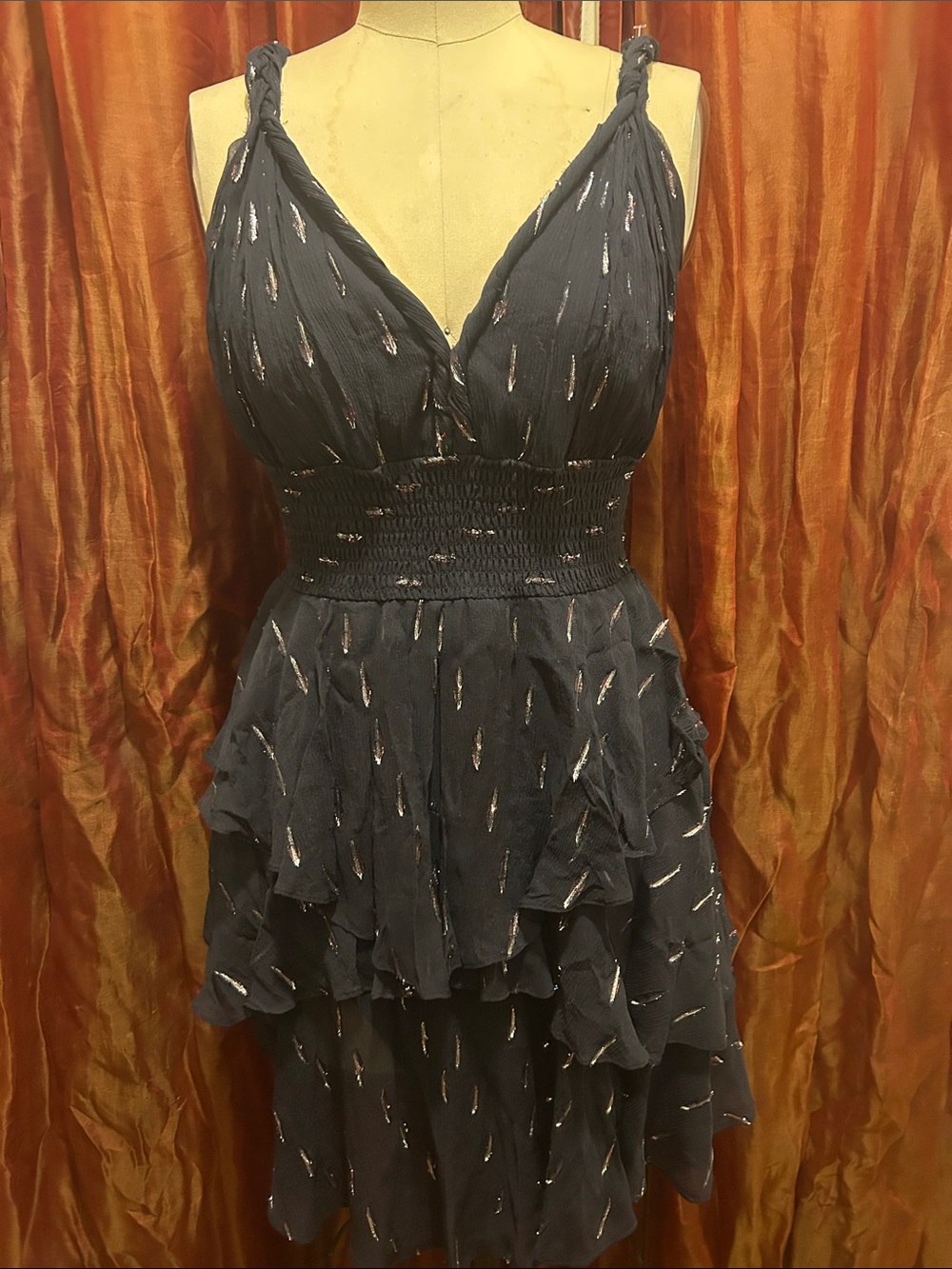Rebecca Taylor Navy Blue Ruffled V-Neck mini  Dress with Metallic Accents